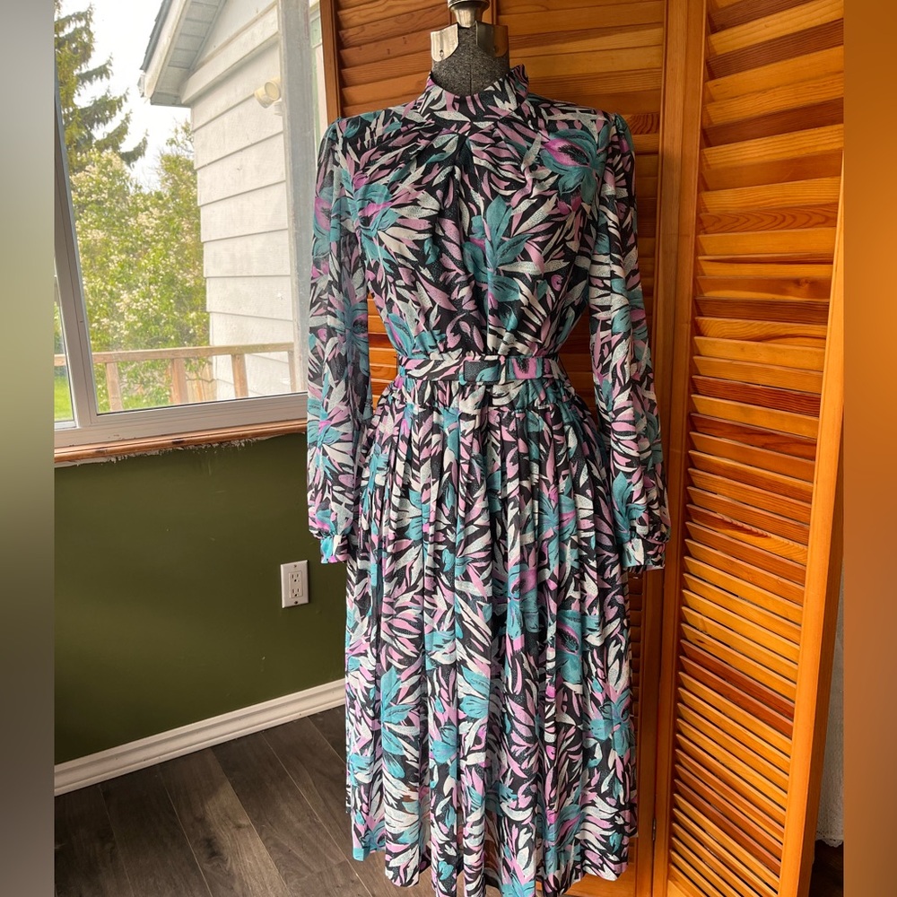 Vintage D’Allairds Sheer Chiffon Maxi Dress with belt and pleated skirt